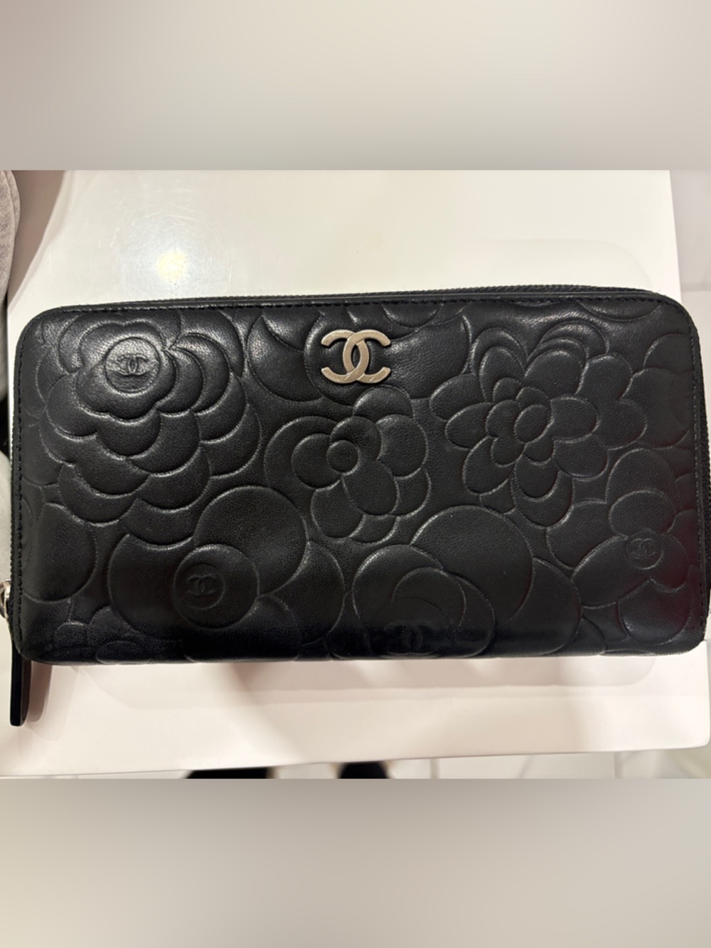 CHANEL Black Camellia Quilted Zip-Around Card Holder